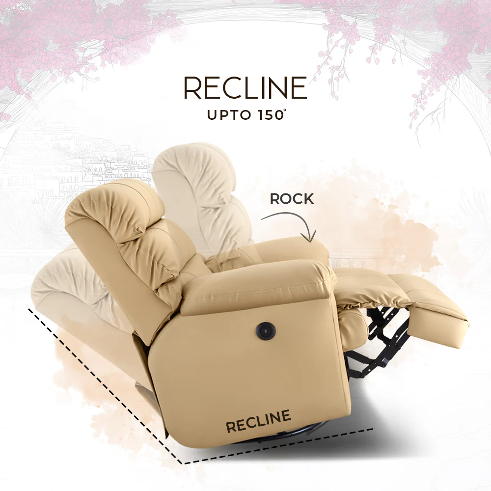 Avalon Posture Pro Rocking & Rotating Single Seater Premium Leatherette Recliner, Beige, Motorized - Image 7